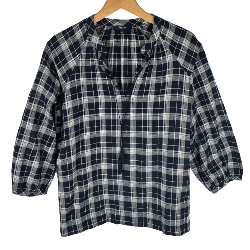 Madewell Plaid Cotton Linen Blouse Top Womens S Navy Blue White Tassel Tie